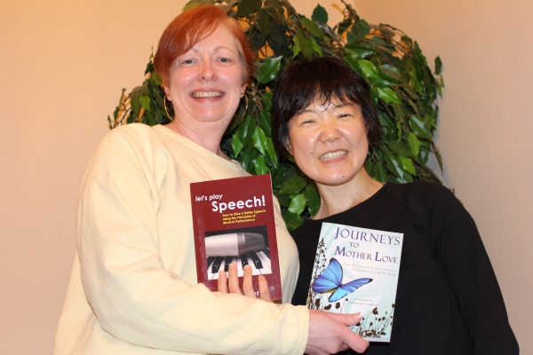 A friendly book swap between authors, Emiko Hori and me, June 2013.