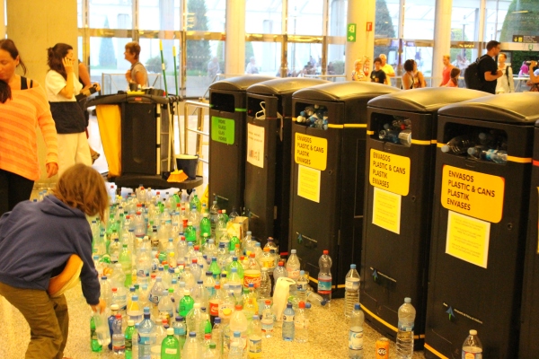 A comedic moment, spying the overflowing pile of water bottles at the security checkpoint.