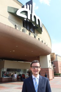 Pedro arrives at the theater for his American composing film debut.